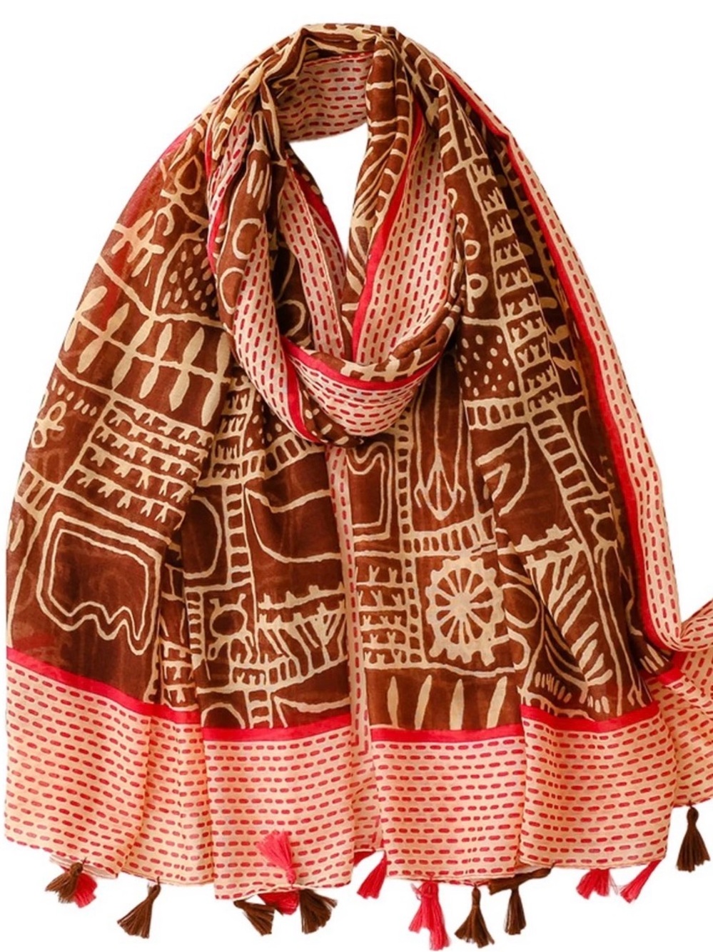 Natura Bohemian Tribal Shawl Scarf Wrap with Tassels Brown Beige Red NWT